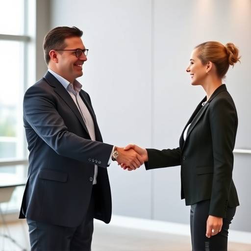 Dos personas estrechando manos después de una presentación exitosa, simbolizando una comunicación efectiva y relaciones profesionales sólidas.