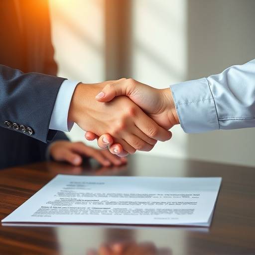 Dos personas estrechando manos sobre un documento, representando el acuerdo.