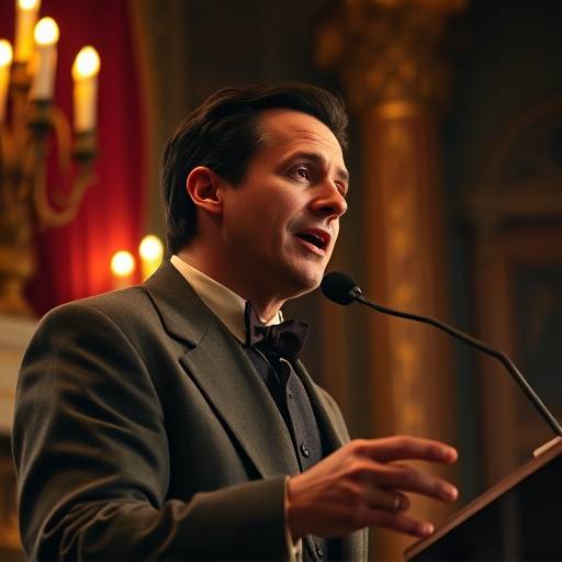Fotografía antigua del fundador de Oratoria Brillante dando un discurso.
