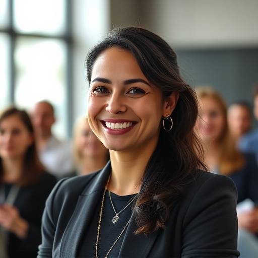 Mujer sonriendo con confianza mientras presenta en püblico.