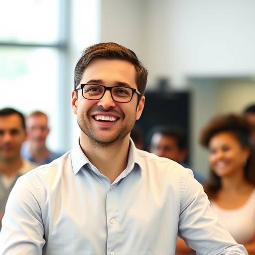 Persona hablando en püblico con una sonrisa, curso para principiantes.